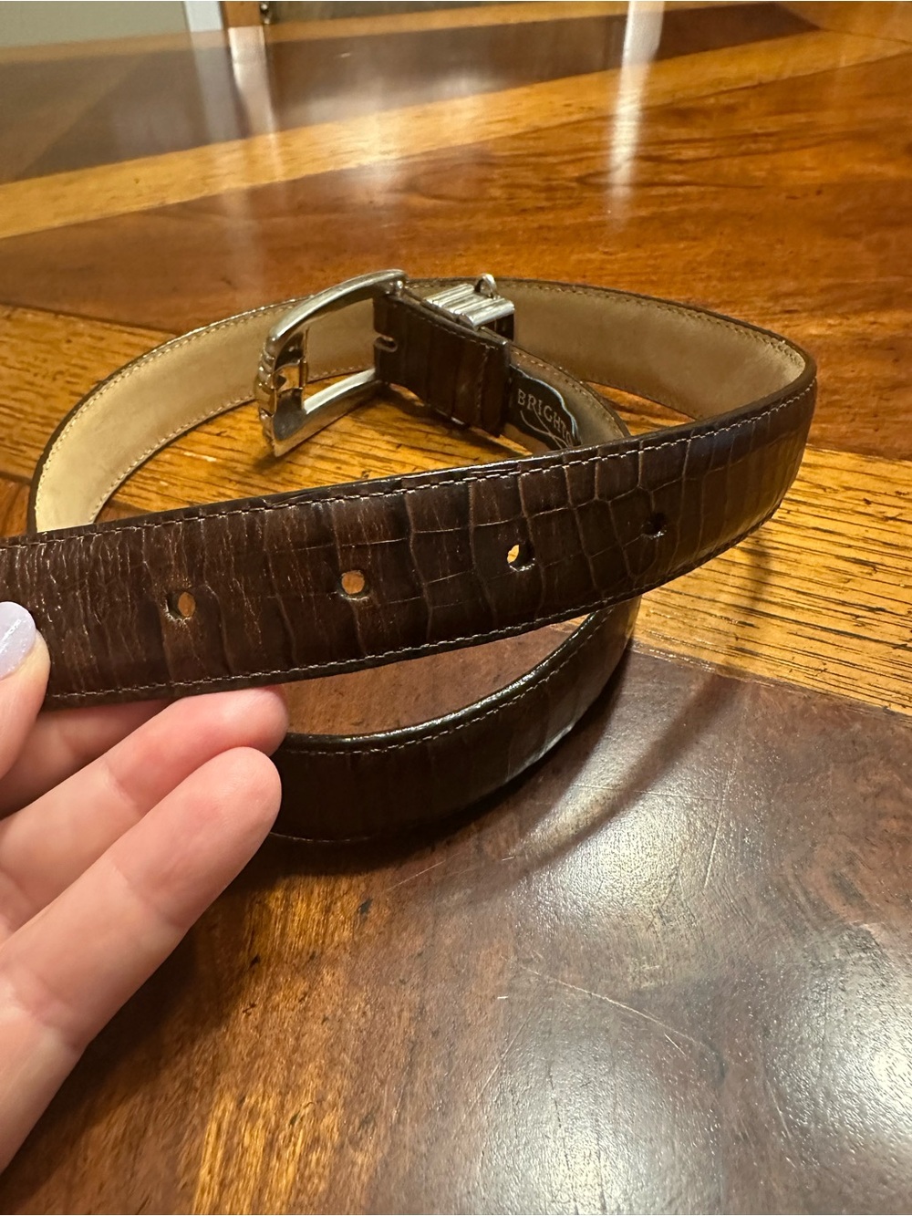 Brighton Brown Croc-Embossed Leather Belt with Decorative Silver-Gold Buckle - Picture 2 of 7